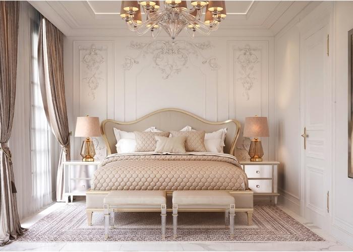 Sự ấm áp, thư giãn được thấy rõ qua hình ảnh thiết kế phòng ngủ tân cổ điển sắc hồng, xám, nâu