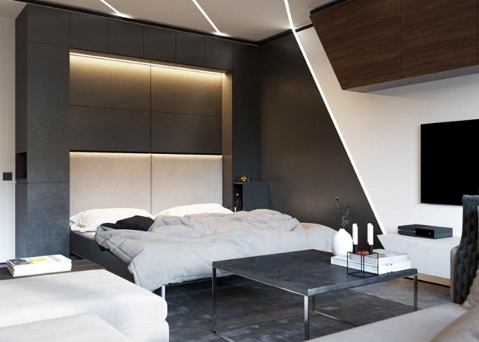Mẫu phòng ngủ hiện đại tông màu đen trắng với giường ngủ thông minh có thể úp lên tường để tiết kiệm diện tích