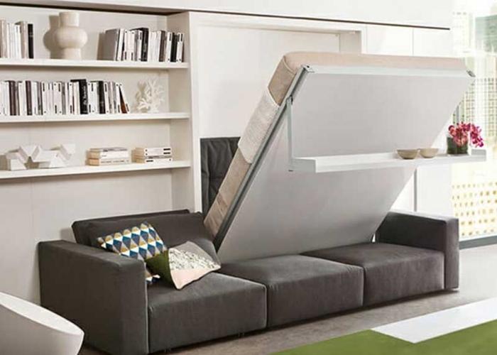 Mẫu phòng ngủ thông minh thiết kế theo phong cách hiện đại với thiết kế giường ngủ thông minh mở ra đè chồng lên sofa làm giường ngủ