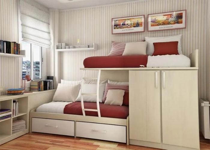 Phòng ngủ với mẫu giường tầng thông minh kết hợp tủ quần áo tiết kiệm diện tích cho trai, gái