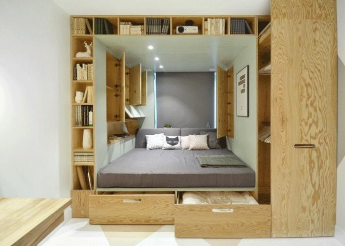 Mẫu phòng ngủ thông minh với giường kết hợp với các loại tủ quần áo, tủ treo đồ và kệ sách cho nhà nhỏ, chung cư