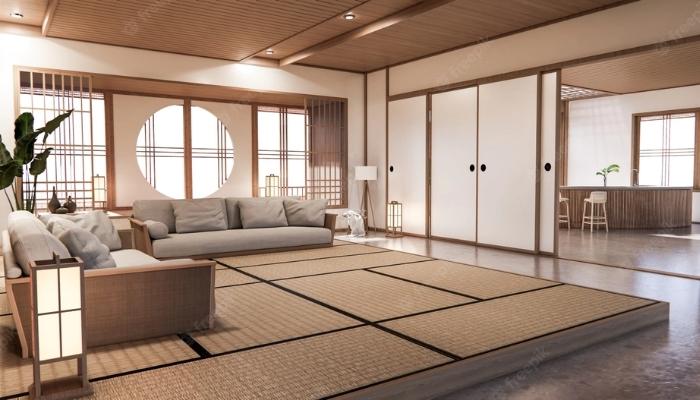 Phòng khách theo phong cách Nhật Bản đơn giản nhưng cuốn hút với chiếu tatami và cửa lùa làm điểm nhấn
