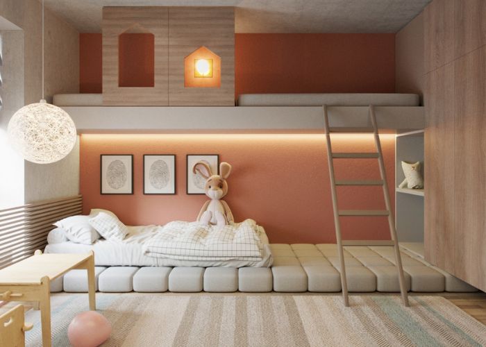 Gợi ý trang trí phòng cho 2 trẻ không cần khung giường giúp tiết kiệm diện tích, mang lại cảm giác thông thoáng