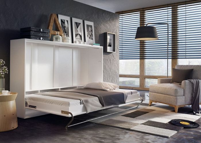 Mẫu thiết kế giường xếp gọn sát ban công, tạo cảm giác thông thoáng, tiết kiệm đáng kể diện tích