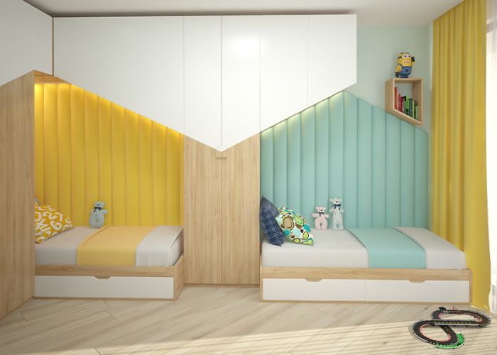 Tận dụng tối đa diện tích tủ gỗ chứa đồ kết hợp nệm ngủ cho gia đình nhiều trẻ em