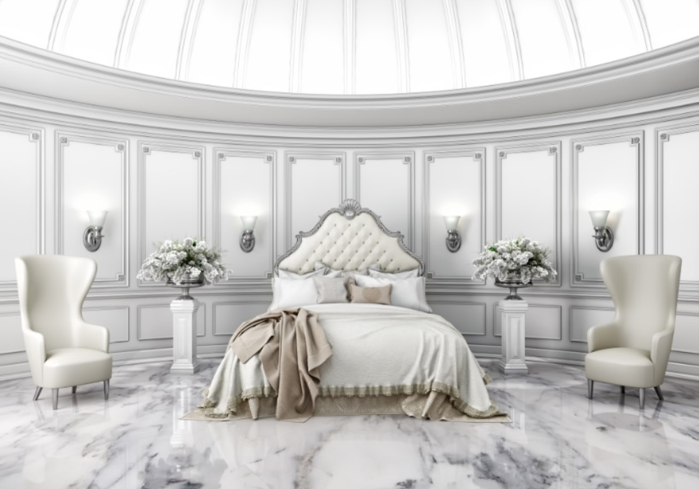 Phòng ngủ 40m2 sang trọng với tông màu trắng, họa tiết tinh tế