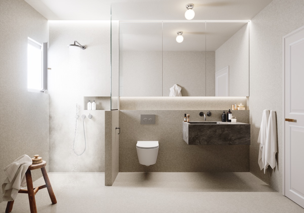 hoa văn của mẫu gạch lót sàn có thể tăng thêm sự thu hút của thị giác trong phòng tắm minimalism