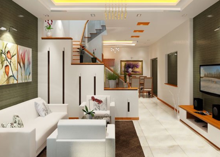Điểm thêm màu sắc không gian phòng khách nhà ống 5m2 có cầu thang cũng là cách kết hợp độc đáo 