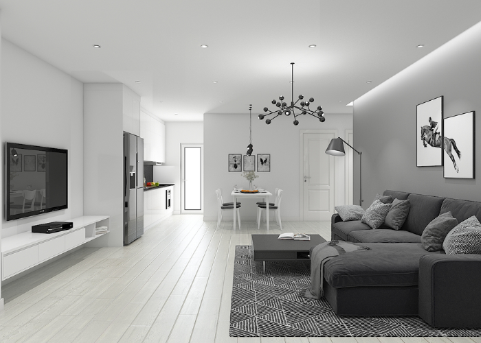 Với tông màu trắng xám làm không gian phòng khách trở nên thoáng và rộng rãi hơn 