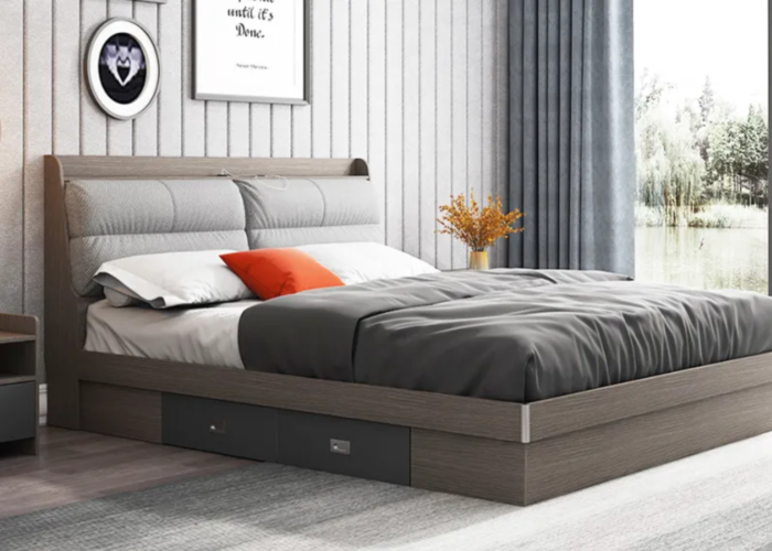 Giường ngủ được làm từ gỗ MDF có ốp nệm mút nỉ ở đầu giường nhằm tăng tính thẩm mỹ và an toàn khi sử dụng