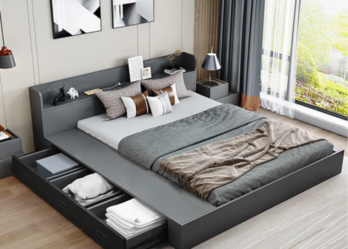 Mẫu thiết kế giường ngủ gỗ MDF màu ghi sẫm đem lại cho căn phòng cảm giác mạnh mẽ, cuốn hút