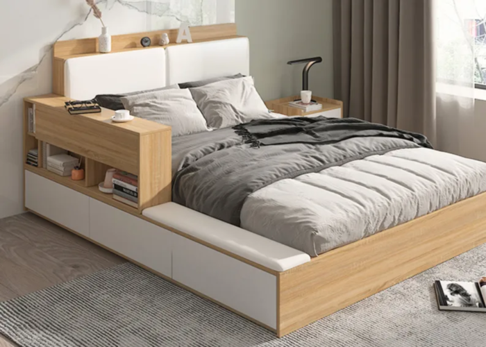 Kiểu phòng ngủ với giường được làm bằng gỗ MDF phối cùng tủ sơn trắng
