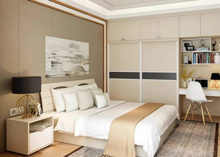 Giường ngủ bằng gỗ công nghiệp với tông màu sáng khiến căn phòng trở nên cuốn hút hơn