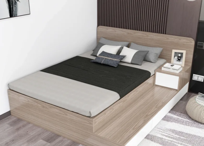 Giường ngủ có thiết kế độc đáo kết hợp với sàn gỗ đem đến cảm giác mới lạ cho bạn.