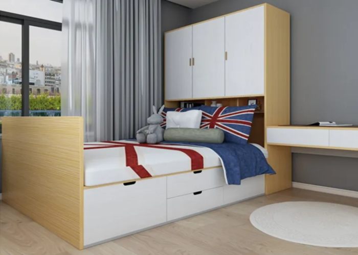 Bộ giường ngủ kết hợp với tủ và bàn làm việc bằng gỗ công nghiệp với 2 gam màu vàng và trắng trẻ trung.