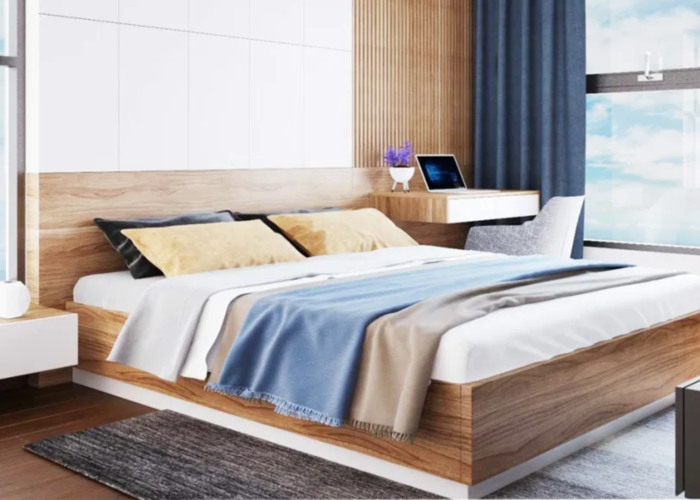Giường ngủ gỗ công nghiệp có màu nâu và vân giả gỗ tự nhiên độc đáo.