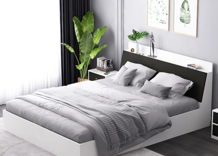 Mẫu giường gỗ công nghiệp với kiểu dáng trẻ trung, hiện đại cùng gam màu đen trắng chủ đạo.
