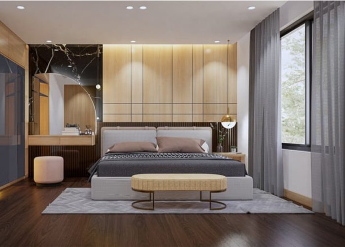 Mẫu phòng ngủ với các nội thất được làm từ gỗ công nghiệp thể hiện được cá tính của chủ nhân căn phòng.