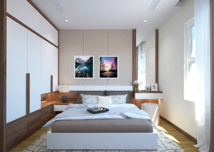 Giường gỗ công nghiệp MDF và tủ cao đụng trần kết hợp với màu trắng chủ đạo tạo nên không gian thoáng đãng.