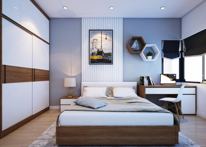 Mẫu phòng ngủ từ gỗ công nghiệp thường thấy trong các hộ gia đình.