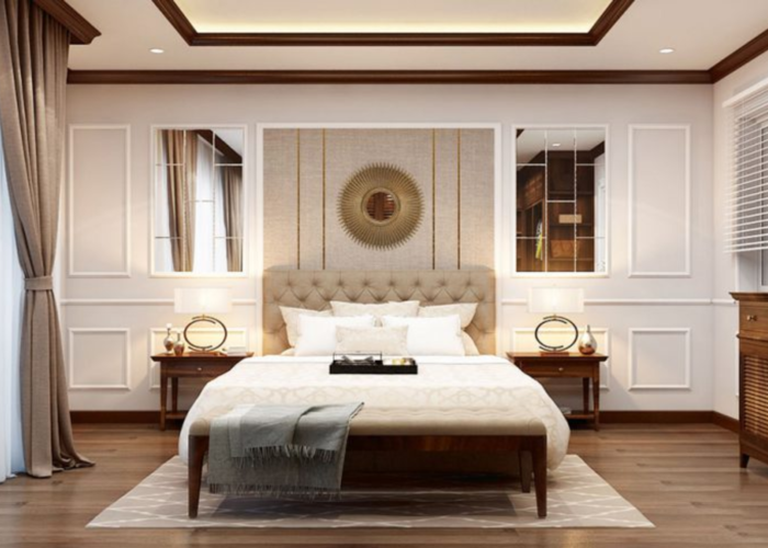 Phòng ngủ bằng gỗ công nghiệp kết hợp với chất liệu da càng làm tôn lên vẻ đẹp sang trọng, quý phái.