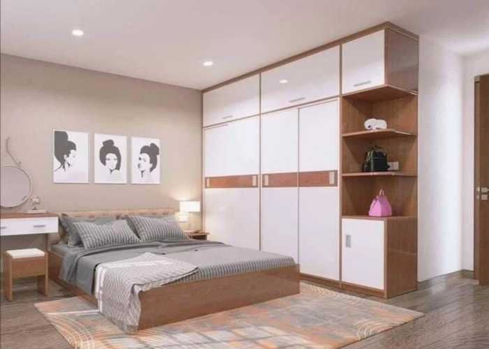 Mẫu phòng ngủ từ gỗ công nghiệp với 2 màu nâu và trắng đem lại cảm giác gần gũi, thoải mái cho khách hàng.