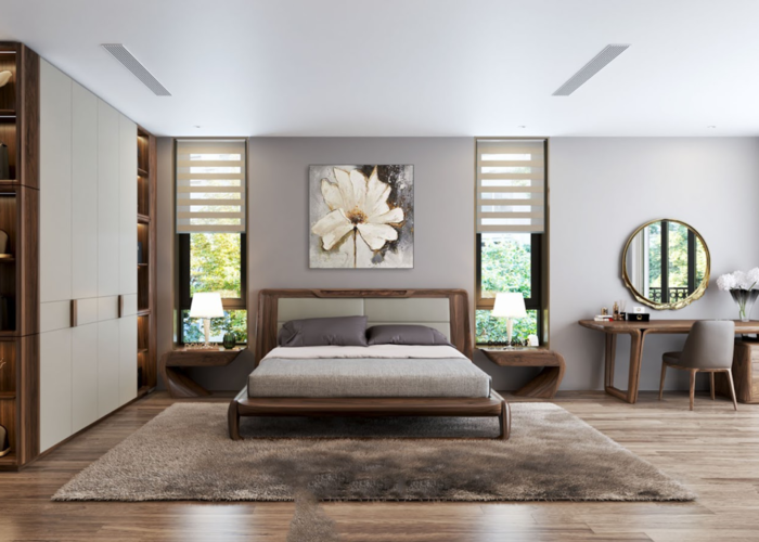 Mẫu thiết kế phòng ngủ hiện đại với đầy đủ nội thất tiện nghi được làm bằng gỗ óc chó cao cấp