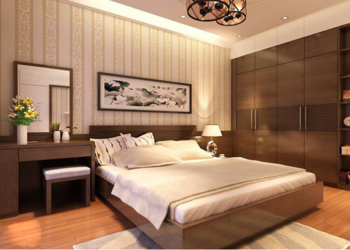 Phòng ngủ ấm áp hơn với bộ giường và tủ được làm từ gỗ công nghiệp đồng bộ màu nâu