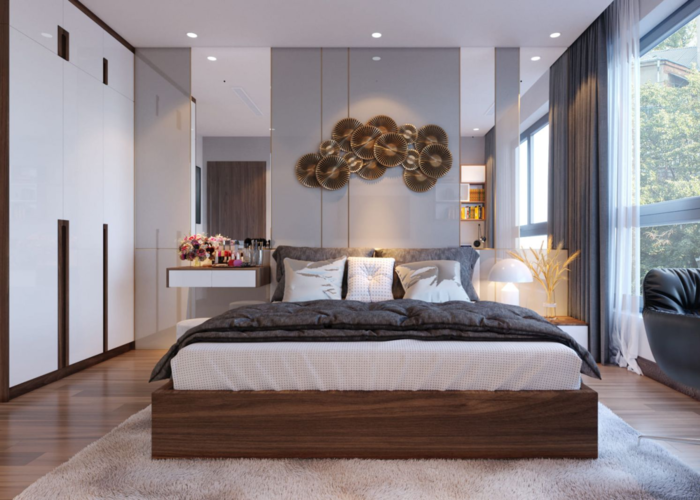 Phòng ngủ hiện đại với nội thất từ gỗ sưa có độ bền cao, an toàn cho người sử dụng.