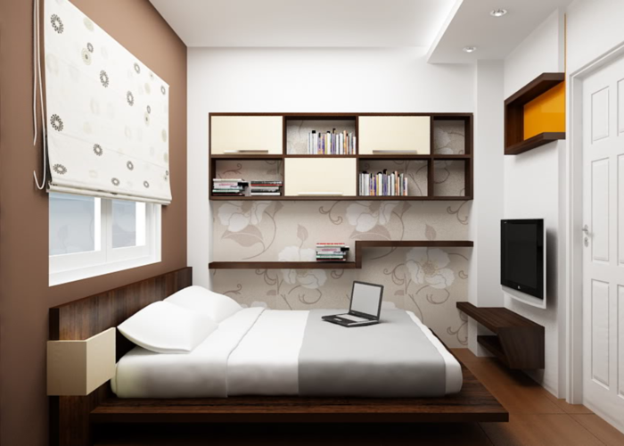 Phòng ngủ đơn giản với giường và giá sách làm bằng gỗ MDF phủ Laminate