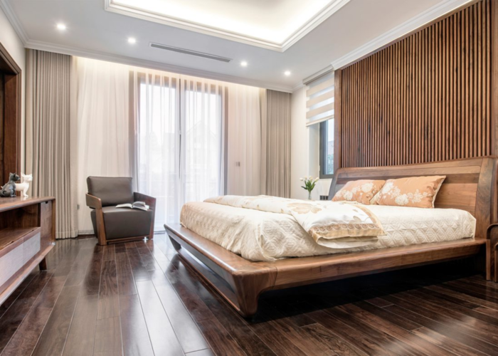 Mẫu nội thất phòng ngủ từ gỗ óc chó được thiết kế theo phong cách hiện đại.  