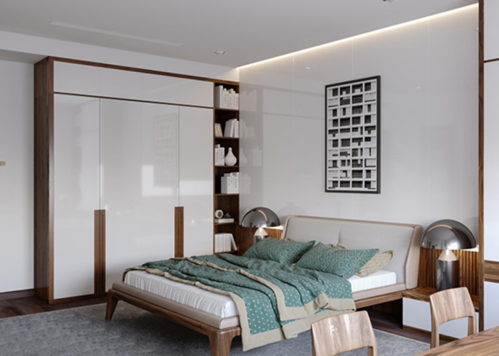 Giường ngủ và bộ bàn ghế gỗ tự nhiên góp phần tô điểm cho căn phòng thêm đẹp hơn.