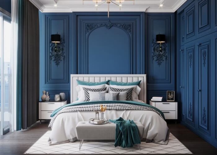 Mẫu phòng ngủ màu xanh navy với giường và thảm màu trắng tinh tế, nhẹ nhàng 