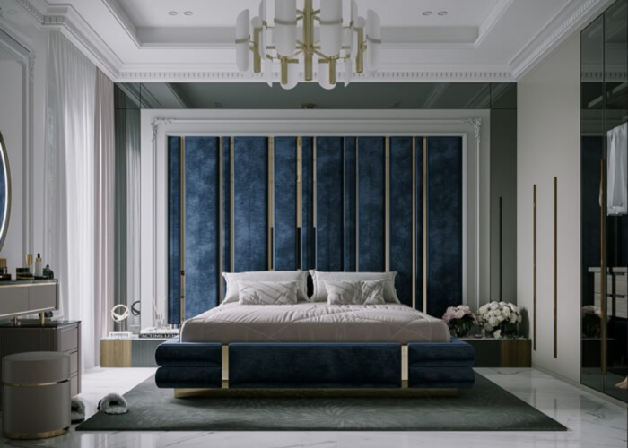 Thiết kế phòng ngủ theo phong cách tân cổ điển với gam màu xanh navy 