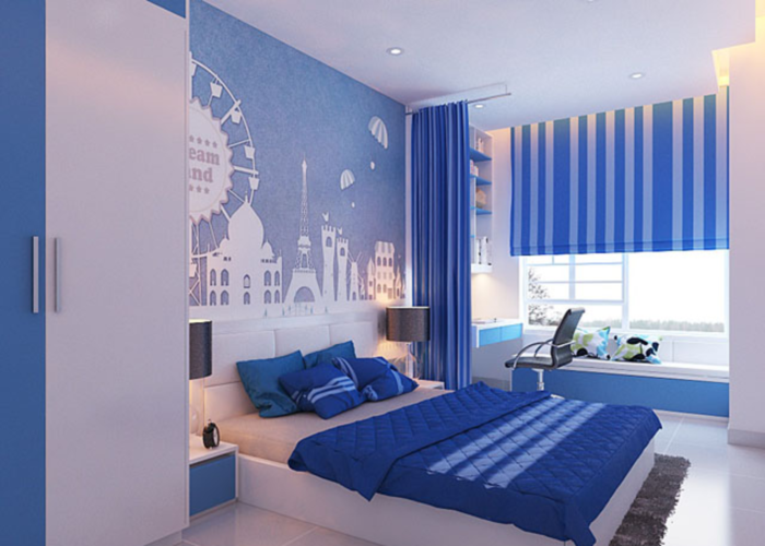 Phòng ngủ với giấy dán tường màu xanh dương với thiết kế năng động