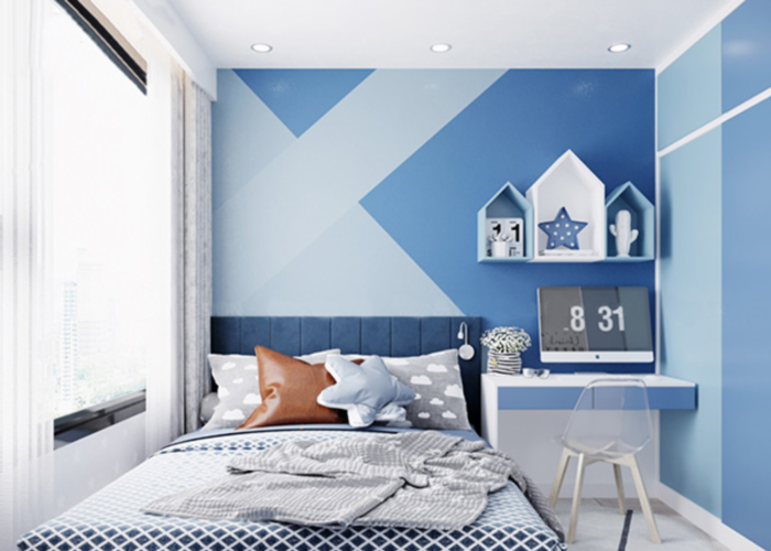 Mẫu phòng ngủ được trang trí giấy dán tường gam màu xanh dương 