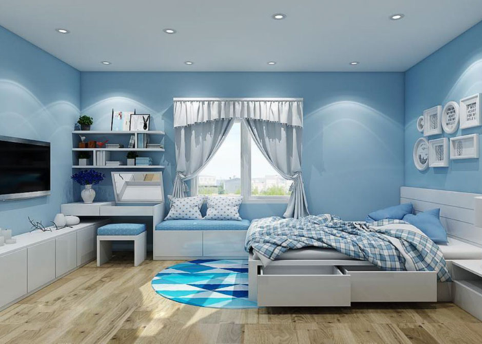 Phòng ngủ màu xanh dương phối cùng các sản phẩm nội thất trắng tạo sự tương phản đẹp mắt