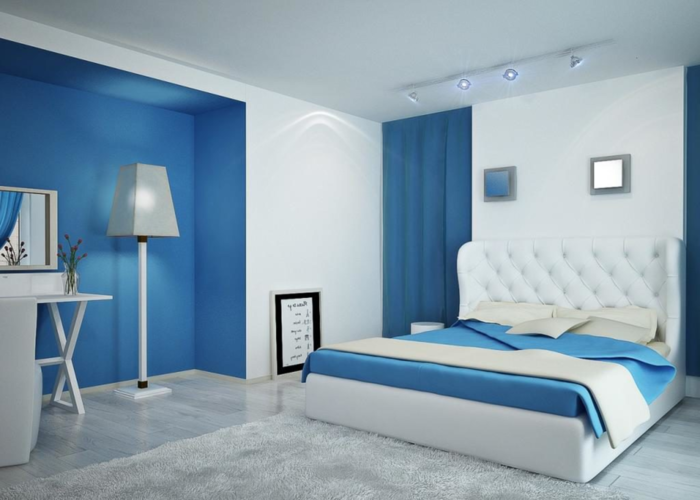 Phòng ngủ xanh dương phối trắng với thiết kế đơn giản và tinh tế 