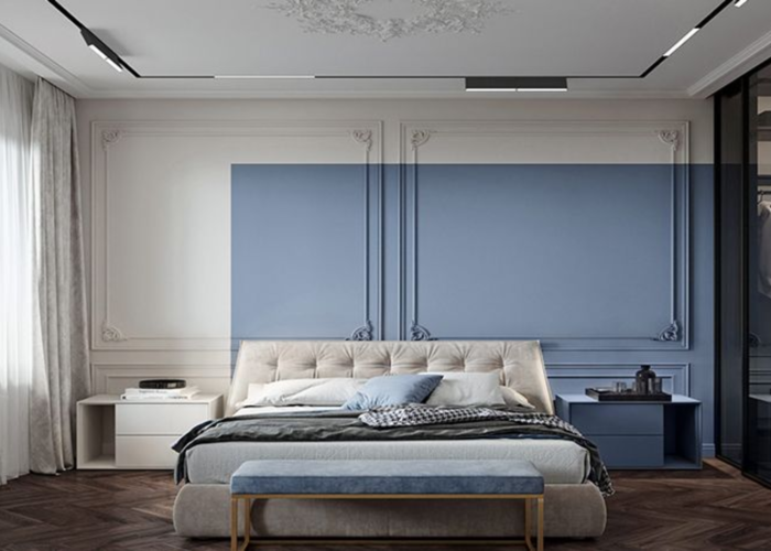 Phòng ngủ tường xanh phối trắng cùng sàn gỗ trang trí cách điệu