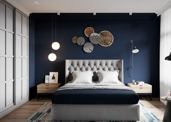 Phòng ngủ màu xanh navy ấn tượng với 2 màu tương phản xanh phối trắng