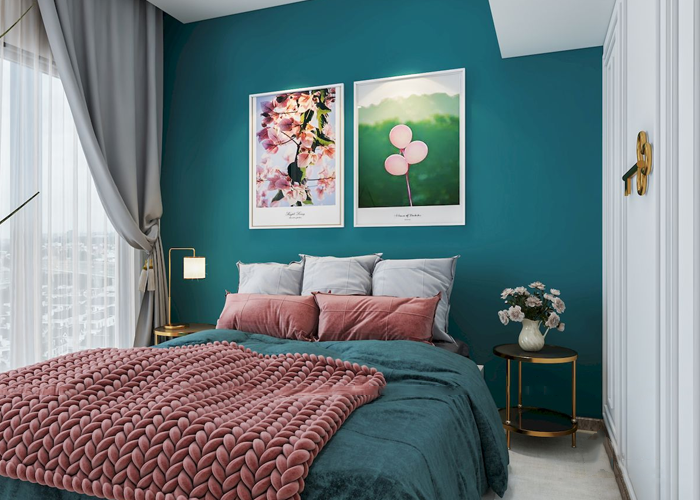 Thiết kế phòng ngủ tone xanh cổ vịt phối hồng ruốc lạ mắt