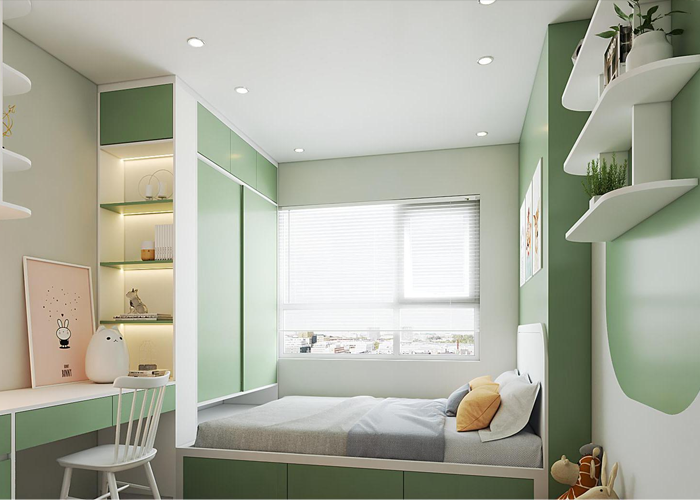 Mẫu thiết kế cho phòng ngủ diện tích nhỏ với tone xanh lá pastel cùng nội thất thông minh. 