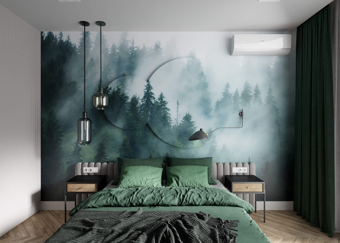 Tạo điểm nhấn nổi bật cho phòng ngủ màu xanh lá đậm bằng tranh tường nghệ thuật.