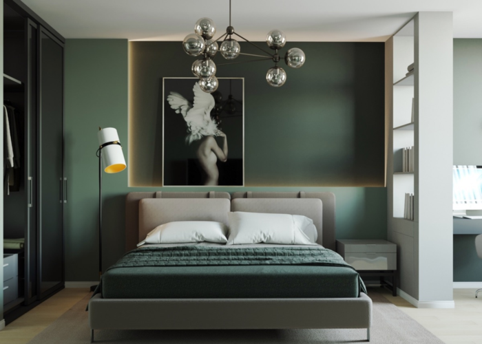 Trang trí phòng ngủ màu xanh lá cây sẫm với một chiếc giường màu xám và đèn led âm tường hiện đại.