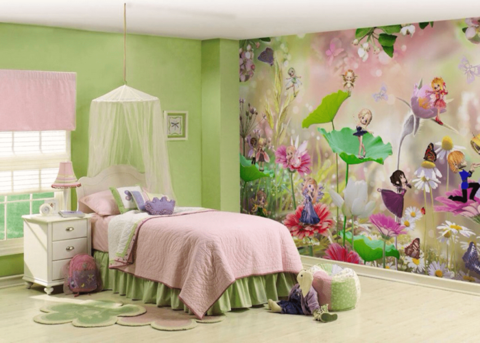 Mẫu thiết kế phòng ngủ xanh lá cây cho bé gái kết hợp tone màu hồng nữ tính và tường 3D thiên thần đáng yêu