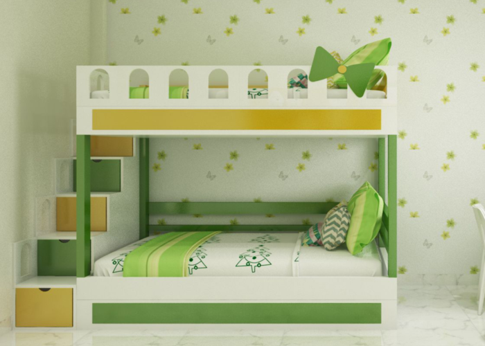 Phòng ngủ màu xanh lá cây, vàng và trắng được phối hợp hài hòa
