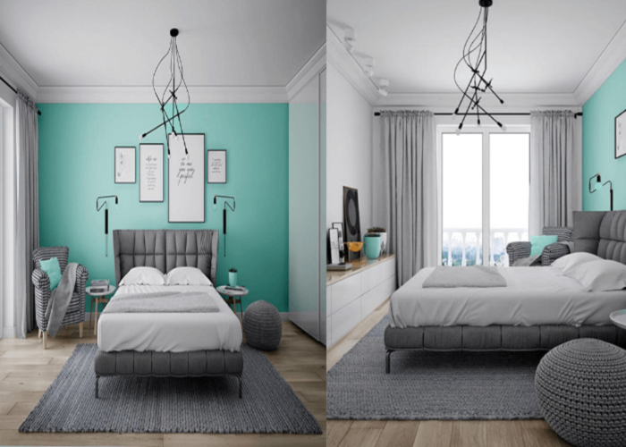 Nội thất màu xám và trắng được làm tăng độ tươi sáng và nhẹ nhàng cho không gian phòng ngủ màu xanh ngọc bích