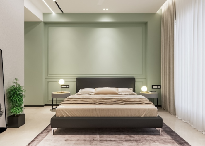 Mẫu phòng ngủ màu xanh mang phong cách hiện đại và sạch sẽ, không cầu kì. 