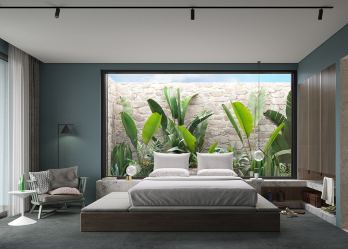 Thiết kế phòng ngủ với background tràn ngập cây xanh tạo không gian tươi mát
