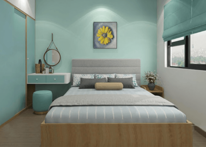 Màu xanh ngọc bích khi kết hợp với những đồ nội thất và phụ kiện mộc mạc khiến căn phòng trở nên bình dị, gần gũi. 
